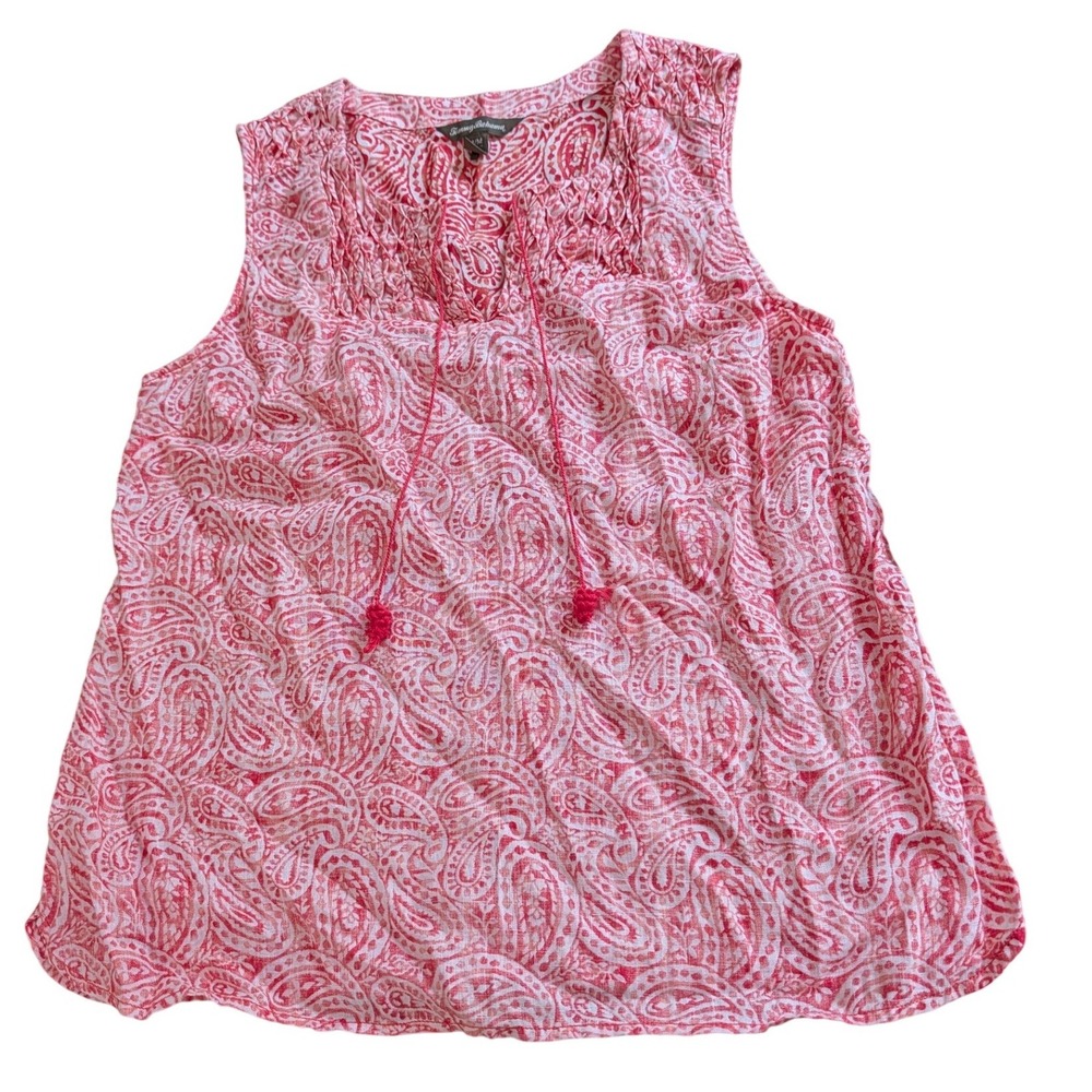 Tommy Bahama Womens Pink Paisley Sleeveless Smocked Tassel Tie‎ Top Medium